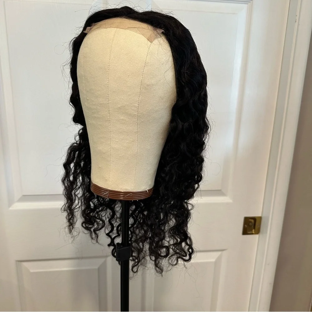 20” Natural Black Water Wave Human Hair 4x4 Lace Closure Wig 150% #QB3